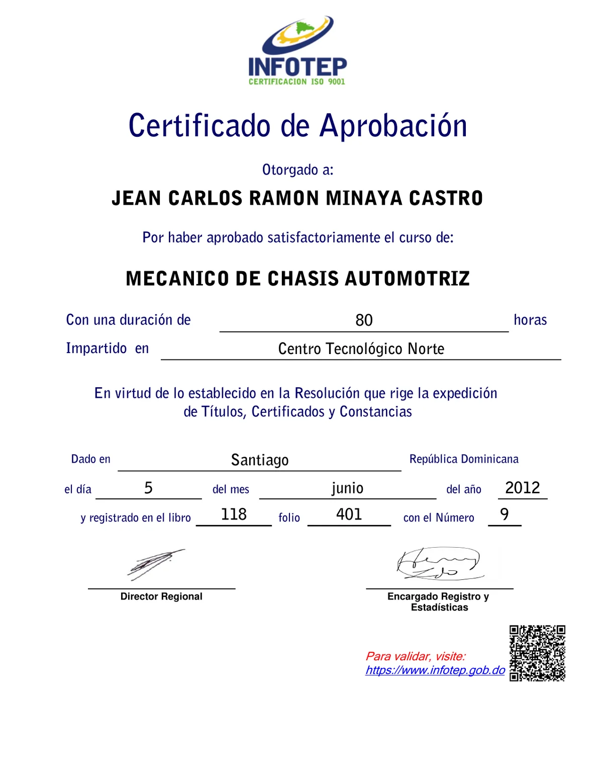 Certificado INFOTEP de Mecánico de Chasis Automotriz otorgado a Jean Carlos Ramón Minaya Castro