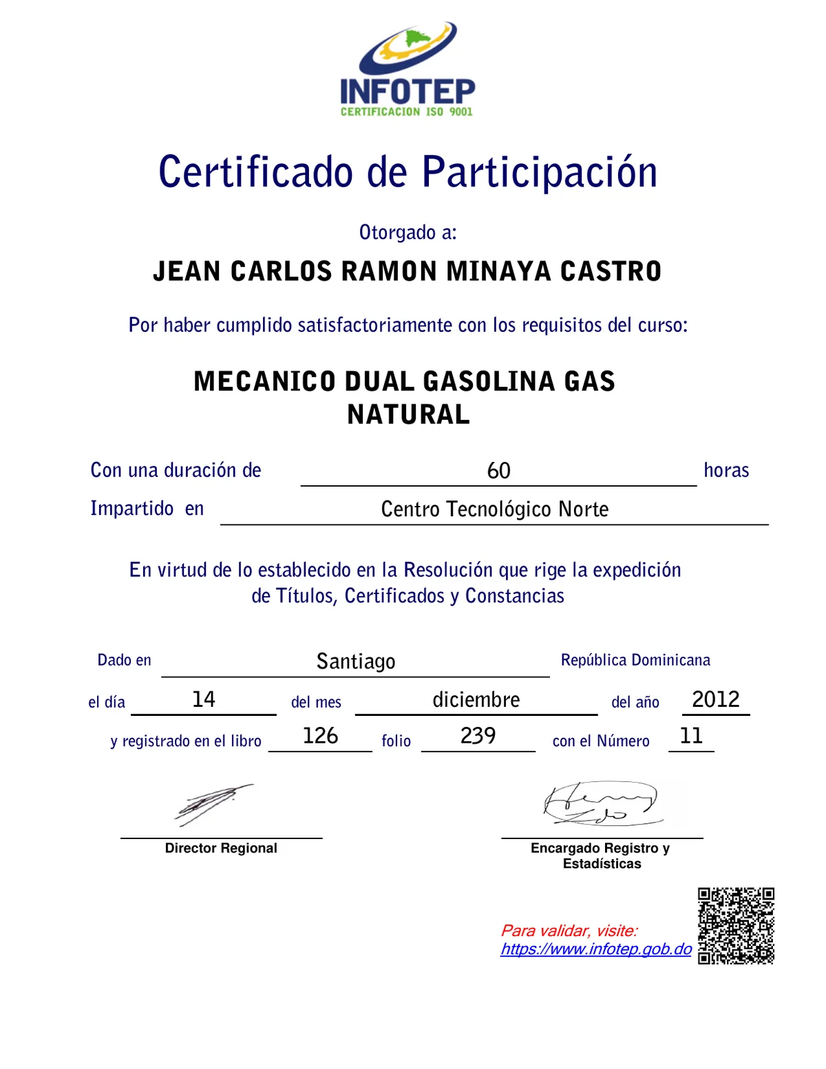 Certificado INFOTEP de Mecánico Dual Gasolina Gas Natural otorgado a Jean Carlos Ramón Minaya Castro