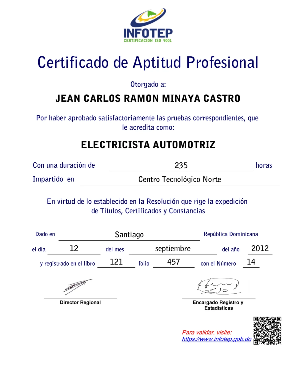 Certificado INFOTEP de Electricista Automotriz otorgado a Jean Carlos Ramón Minaya Castro