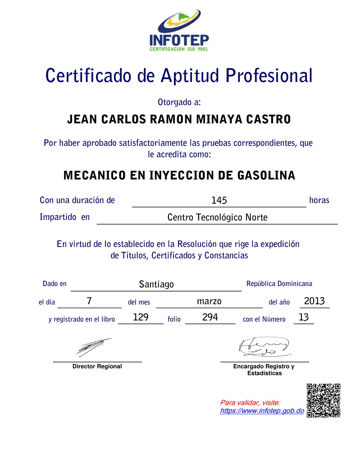 Certificado INFOTEP de Mecánico en Inyección de Gasolina otorgado a Jean Carlos Ramón Minaya Castro