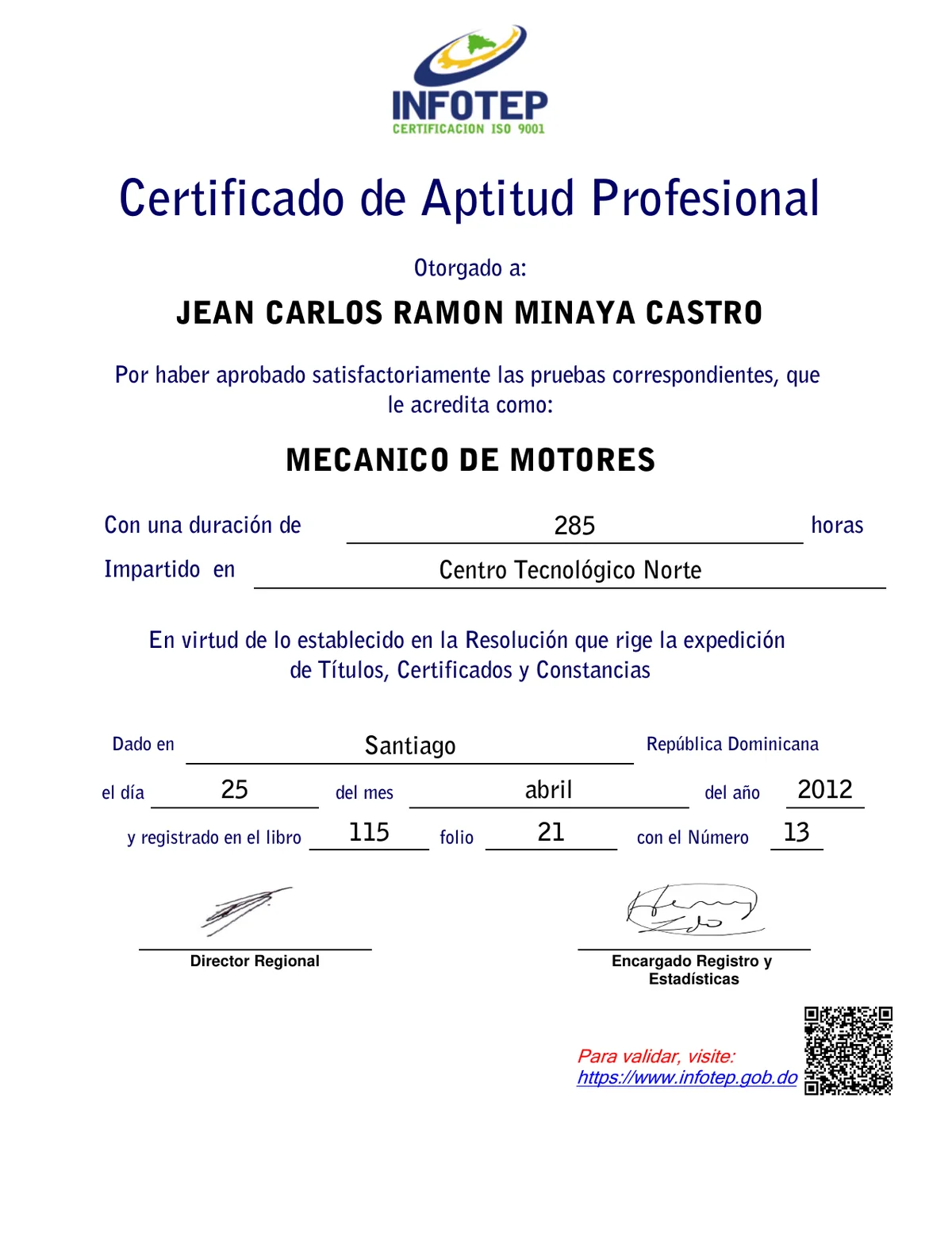 Certificado INFOTEP de Mecánico de Motores otorgado a Jean Carlos Ramón Minaya Castro