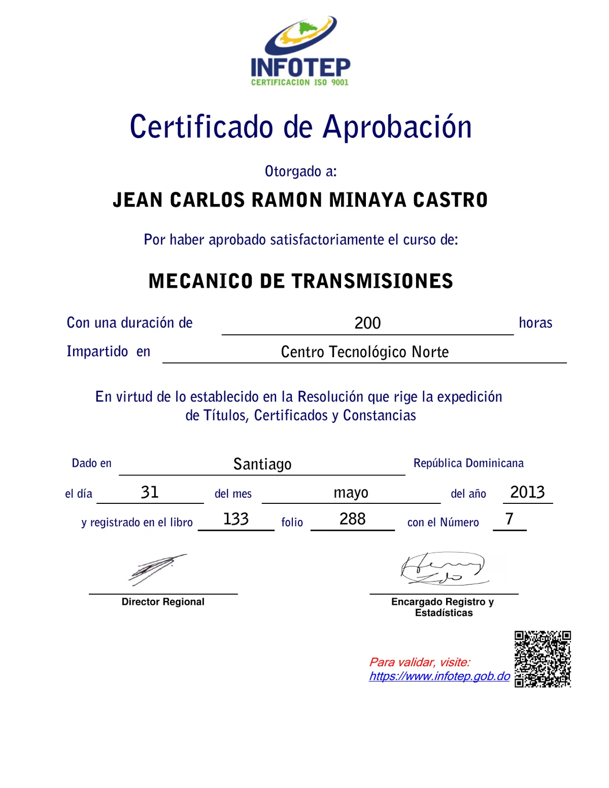 Certificado INFOTEP de Mecánico de Transmisiones otorgado a Jean Carlos Ramón Minaya Castro