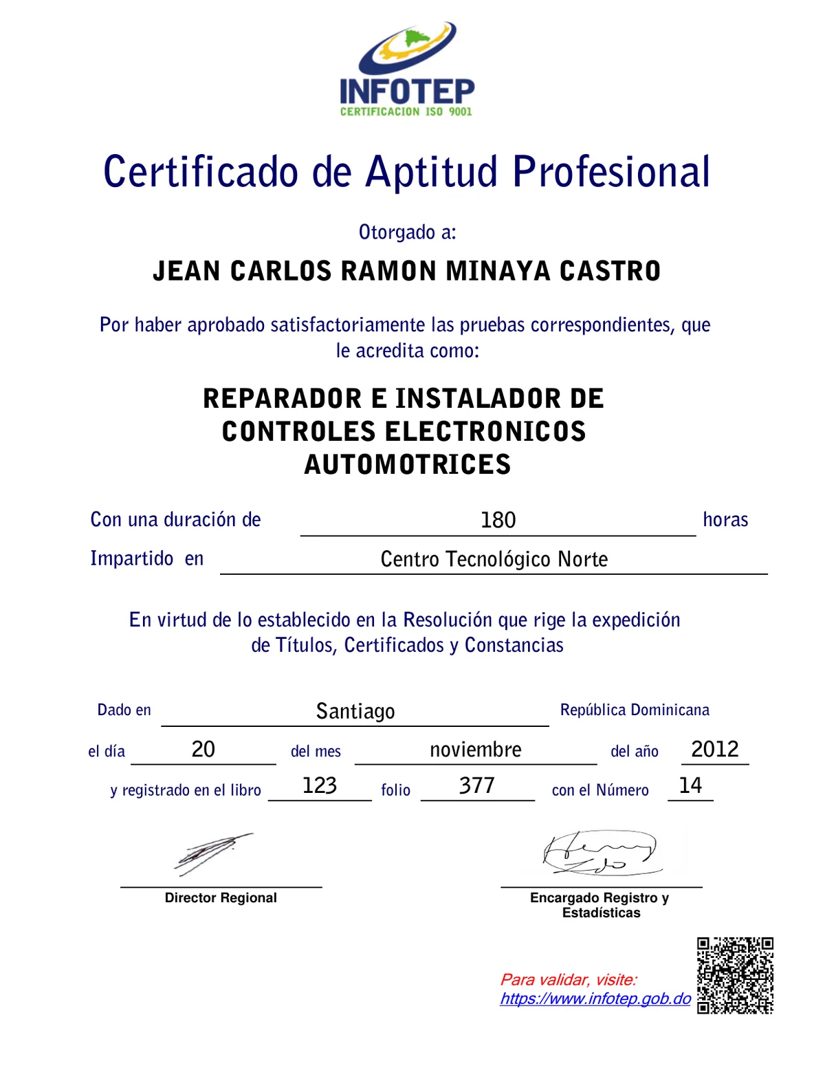 Certificado INFOTEP de Reparador e Instalador de Controles Electrónicos Automotrices otorgado a Jean Carlos Ramón Minaya Castro